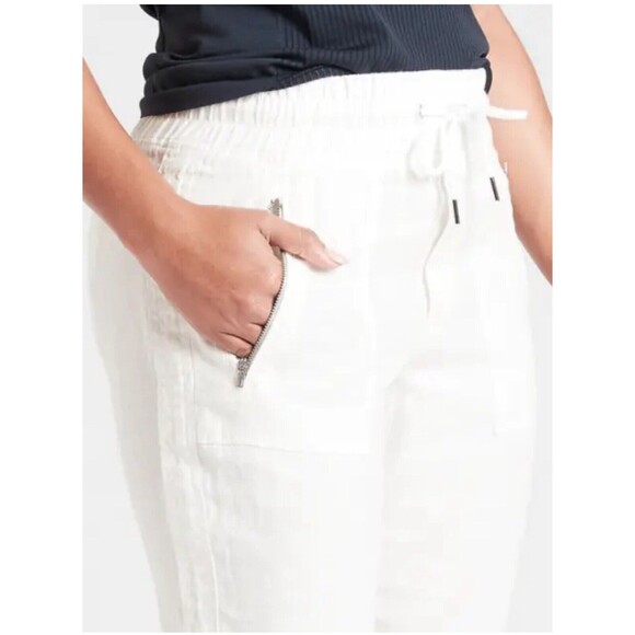 Athleta Cabo Linen Joggers Pants Womens Size 8 Petite White Zip Pockets Pull On - Picture 4 of 15